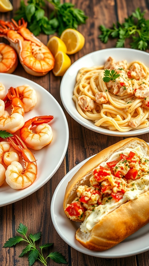 A collection of crustacean dishes including garlic butter shrimp, creamy crab pasta, and lobster rolls on a wooden table.
